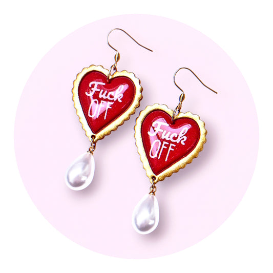 Fuck Off-hjärtan - röd/guld (glitter)